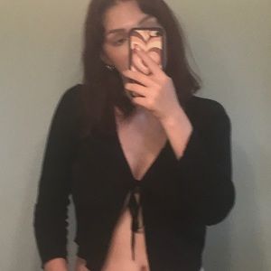 YesStyle Tie in Front Black Long Sleeve Top